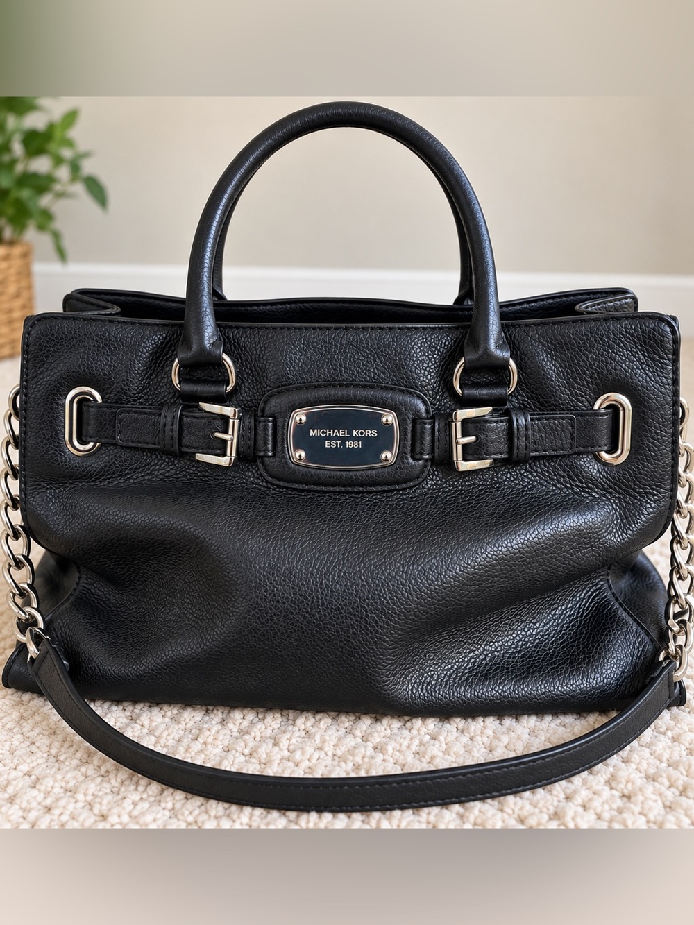 Michael Kors Black Leather Hamilton Tote with Chain Strap Accents